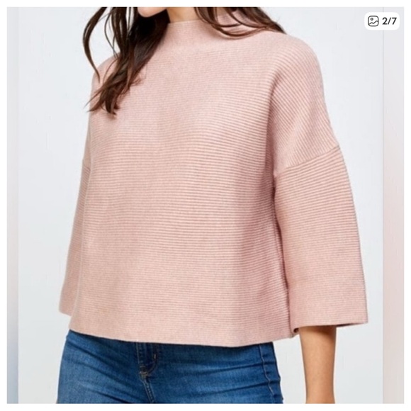 Ellison Pink Mock Neck Boxy Ribbed Sweater Size Small Oversized 3/4 Sleeves - Picture 2 of 9